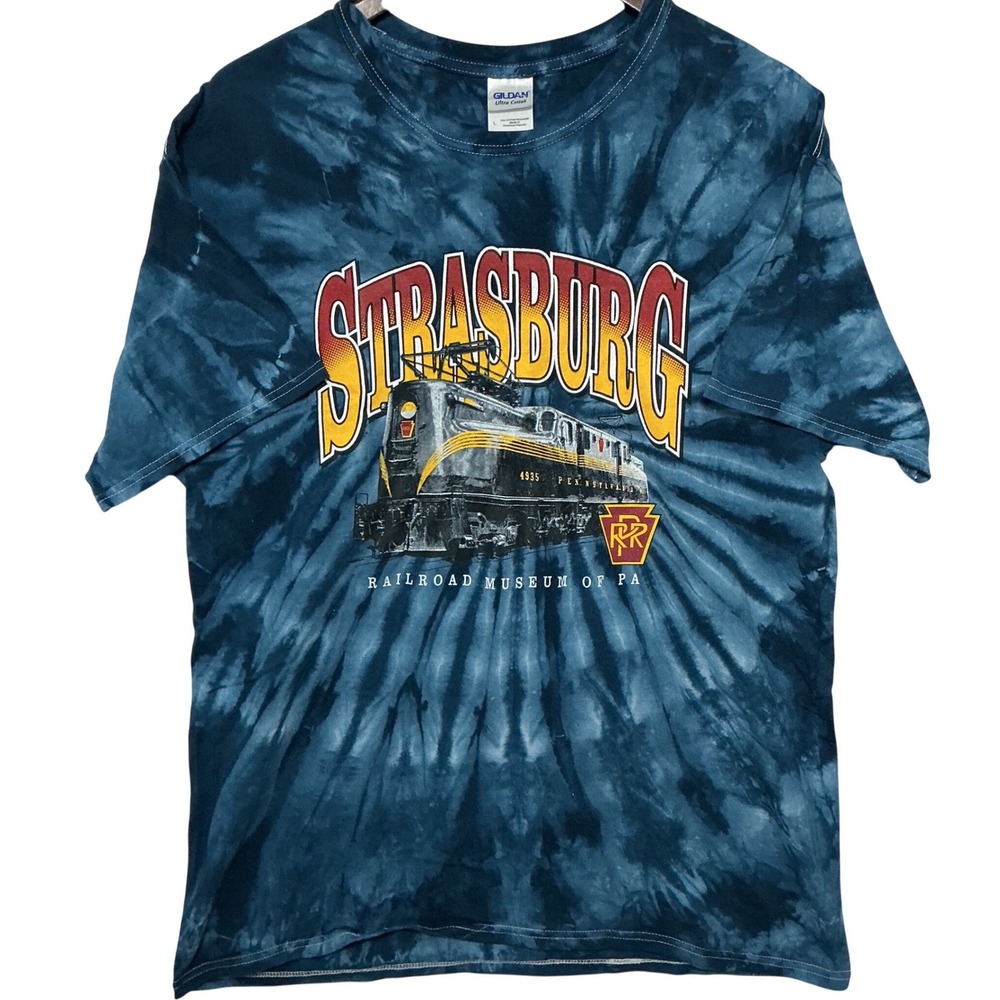 Gildan Strasburg Railroad Museum PA‎ T-Shirt Mens L Blue Tie Dye Excellent Train